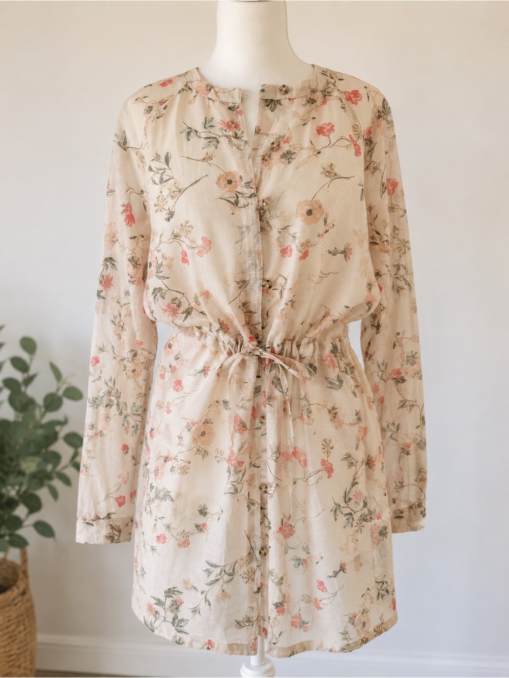 J Jill Barley Floral Sheer Linen Blend Jacket Tie Waist Beige M Cottagecore